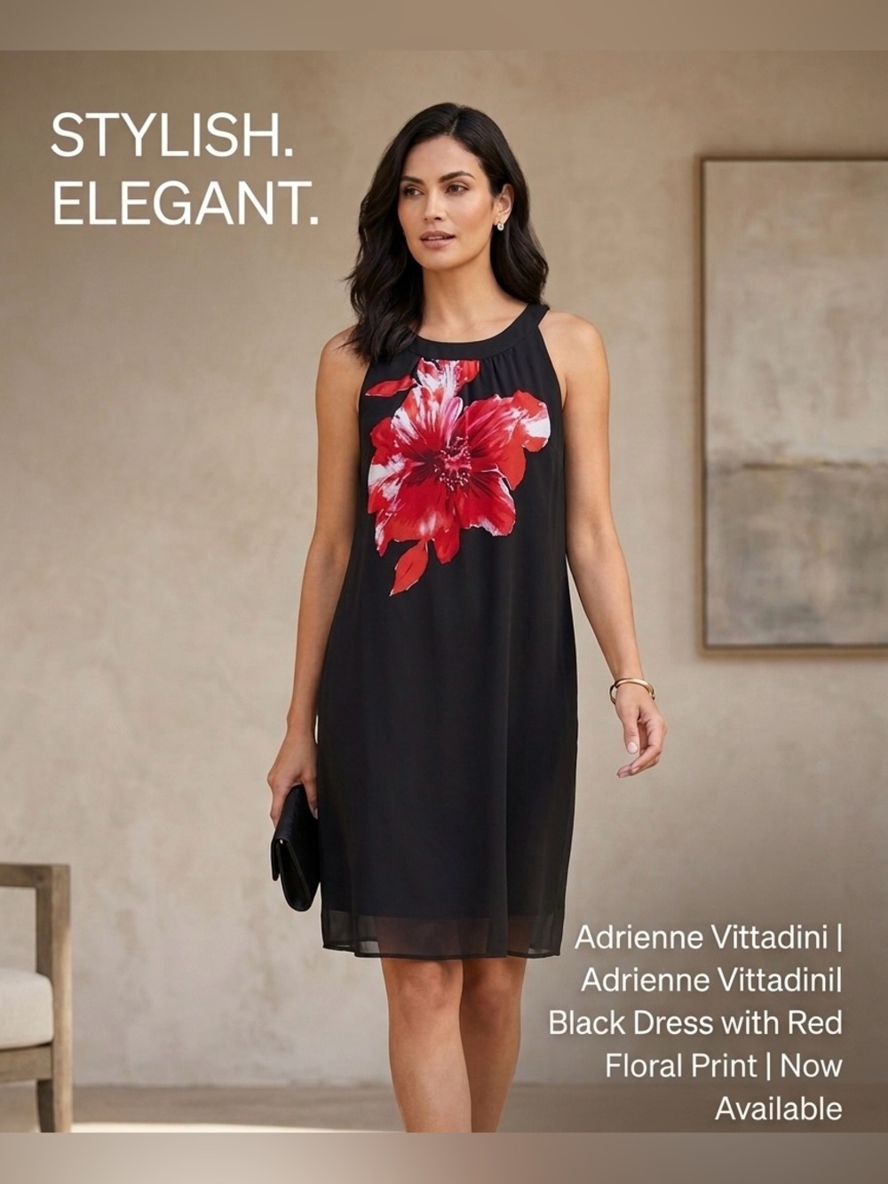 Adrienne Vittadini Black Dress with Red Floral Print